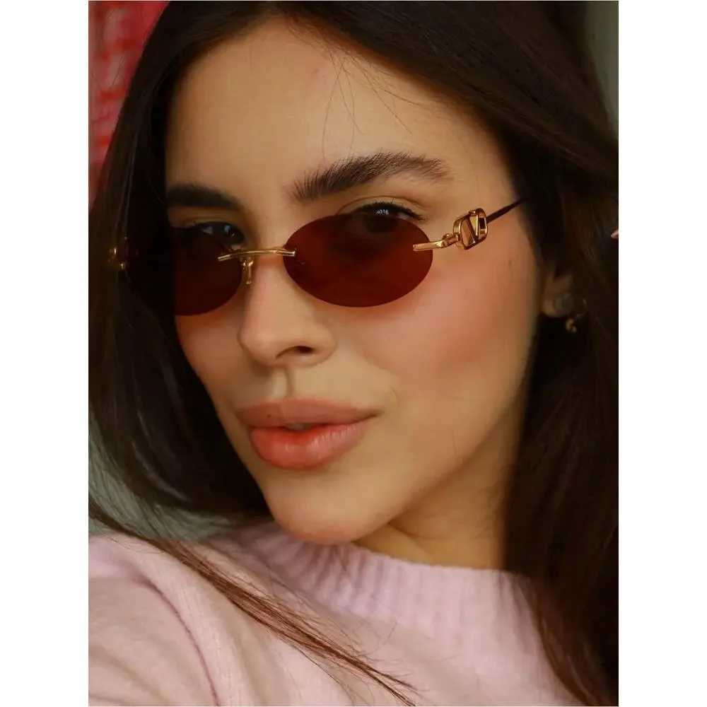 New Valentino VG0032S 002 Gold Oval Sunglasses Brown Lenses Authentic